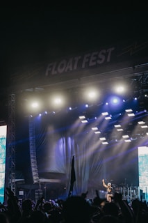A large outdoor music festival stage is illuminated with bright lights, with a performer standing under the lights and addressing the audience. The stage has a sign that reads 'FLOAT FEST'. The audience is visible in the foreground, raising their hands and waving flags.