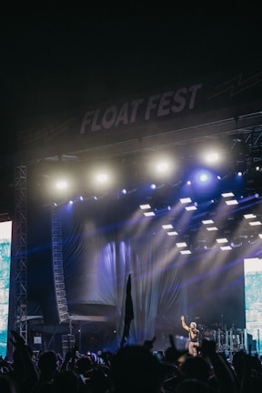 A large outdoor music festival stage is illuminated with bright lights, with a performer standing under the lights and addressing the audience. The stage has a sign that reads 'FLOAT FEST'. The audience is visible in the foreground, raising their hands and waving flags.