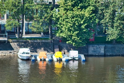 anchored boats. Prague, Praha. Moldava river, Vltava river.