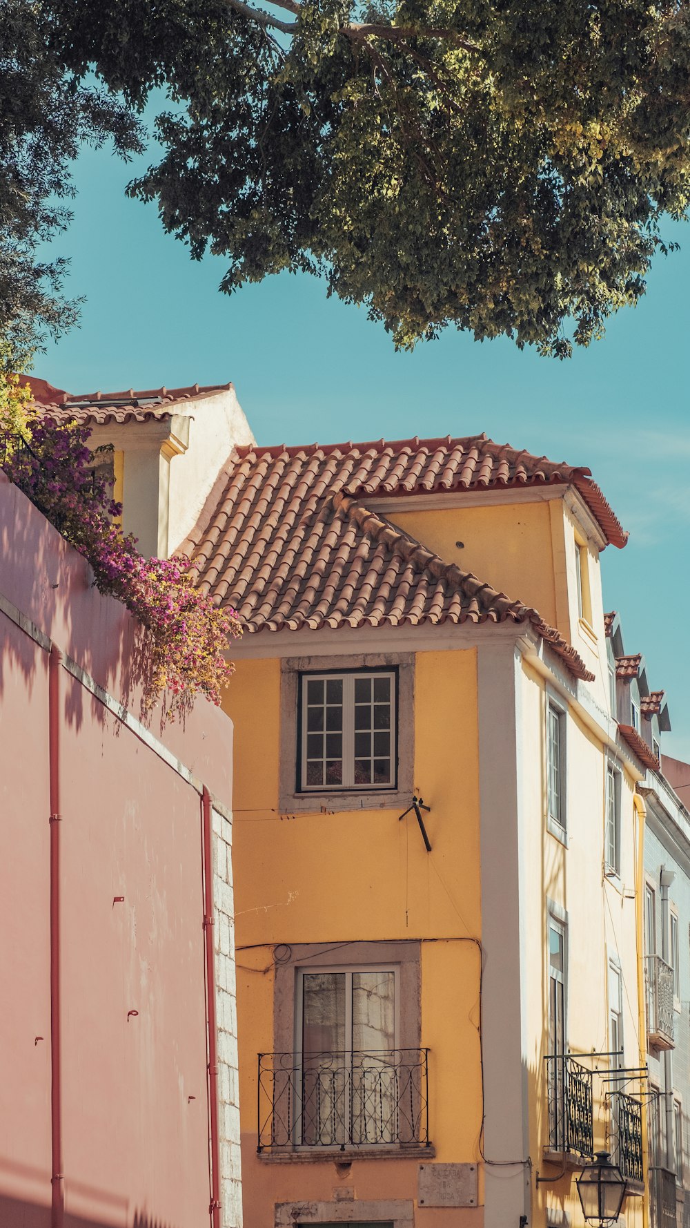 a yellow building with a tree in the background