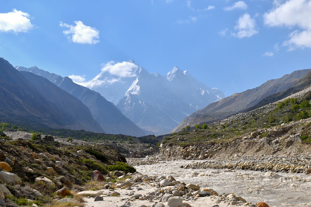 a river running through a valley between mountains