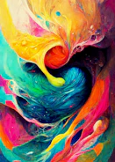 A vibrant abstract painting bursting with swirling colors and textured brushstrokes.