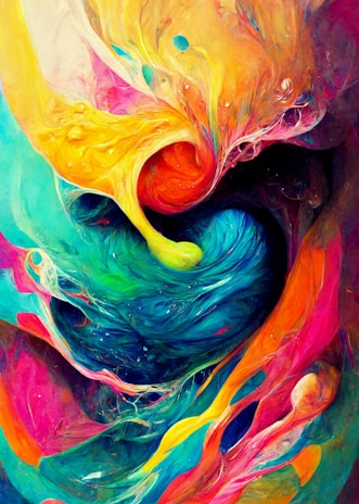 A vibrant abstract painting bursting with swirling colors and dynamic brushstrokes.