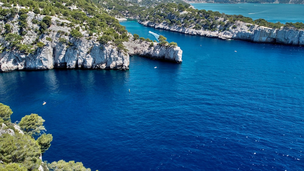 a body of water with rocks and trees around it