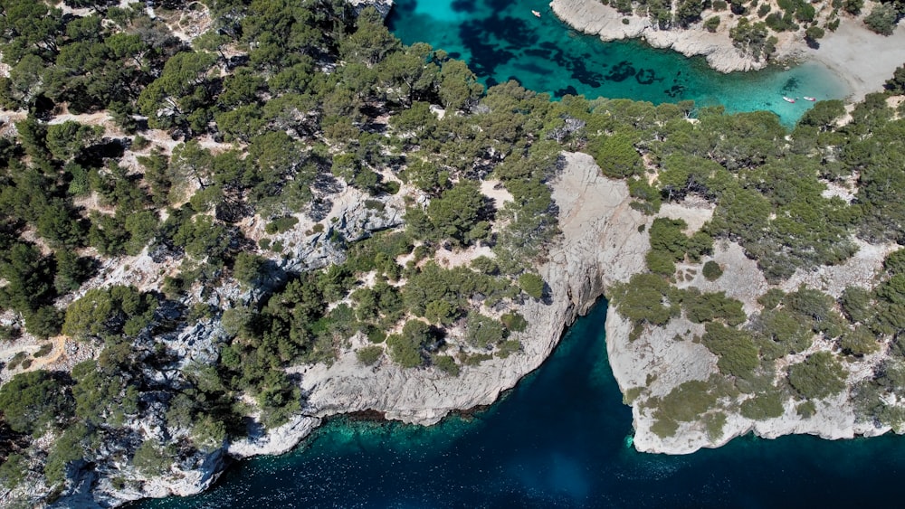 an aerial view of a green island