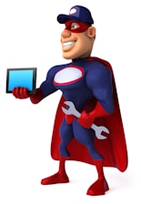A cartoon superhero character is posing with a smile, holding a tablet in one hand and a wrench in the other. The character is wearing a blue and red costume with a cape and mask, resembling traditional superhero attire.