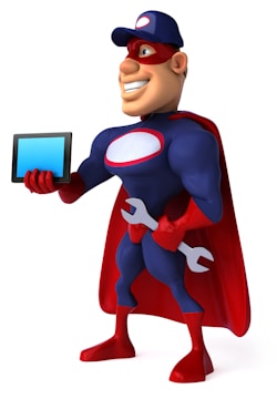 A cartoon superhero character is posing with a smile, holding a tablet in one hand and a wrench in the other. The character is wearing a blue and red costume with a cape and mask, resembling traditional superhero attire.