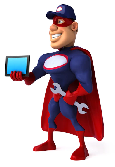 A cheerful cartoon superhero character with glasses and a colorful cape.