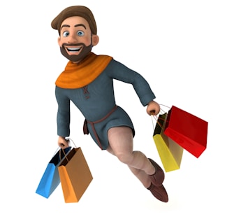 A cartoon man with a beard is dressed in medieval-style clothing, consisting of a blue tunic, brown hat, and an orange scarf. He appears to be happily jumping or floating in the air while carrying several colorful shopping bags in both hands.