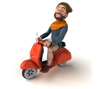 A cheerful cartoon dad hitchhiking with a backpack full of comic strips and a big smile.