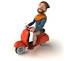 A smiling cartoon man with a beard is riding a red scooter. He is wearing a brown hat, an orange scarf, a dark teal jacket, and beige pants. The scooter is bright red with a simple design and white-rimmed wheels.