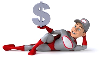 A cartoon superhero character in a grey and red suit is lying down in a relaxed pose, smiling. He is holding a large dollar sign in one hand.