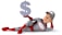 A cartoon superhero character in a grey and red suit is lying down in a relaxed pose, smiling. He is holding a large dollar sign in one hand.