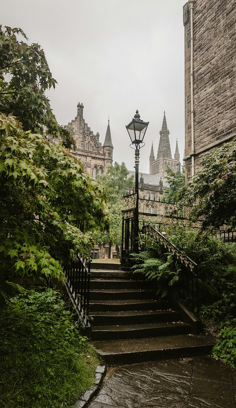 a stone staircase leading up to a castle