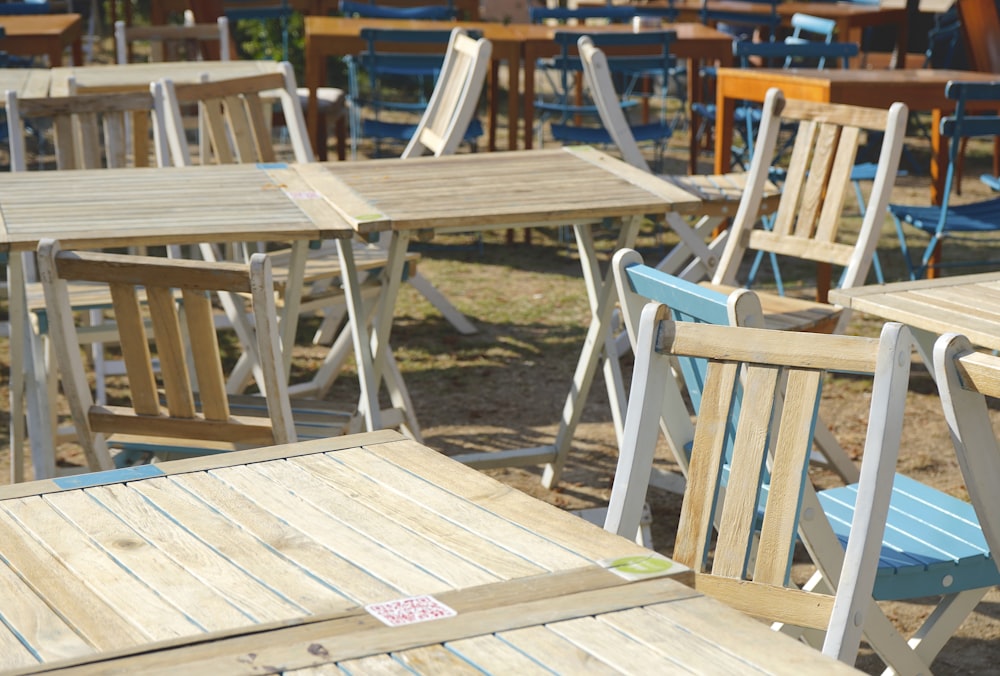 a row of wooden tables