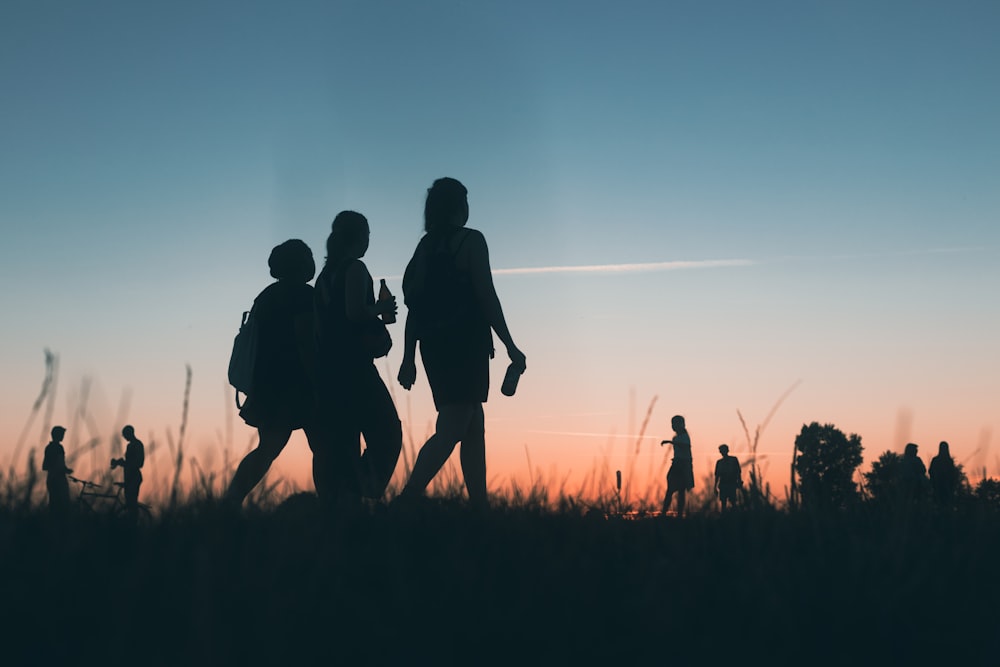 a group of people walking in the sunset