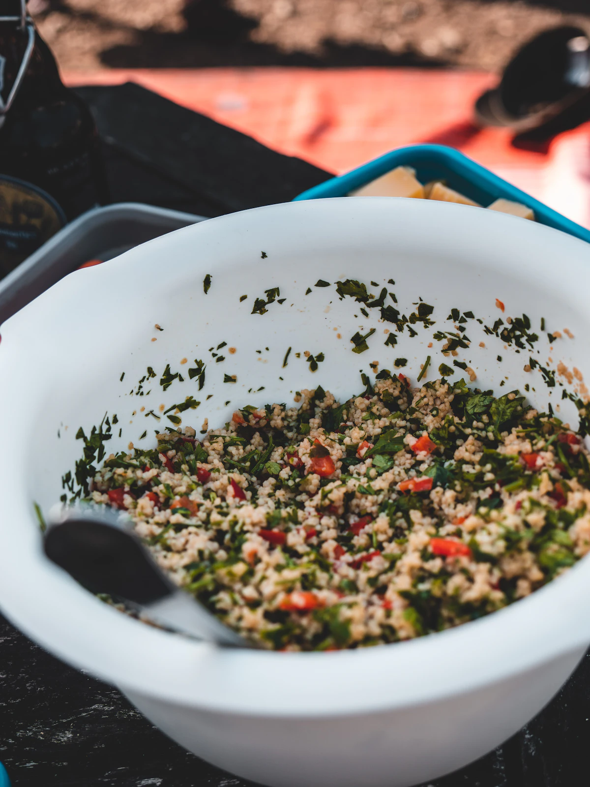 Cold-soaked couscous salad with herbs and peppers, served straight from the camp bowl