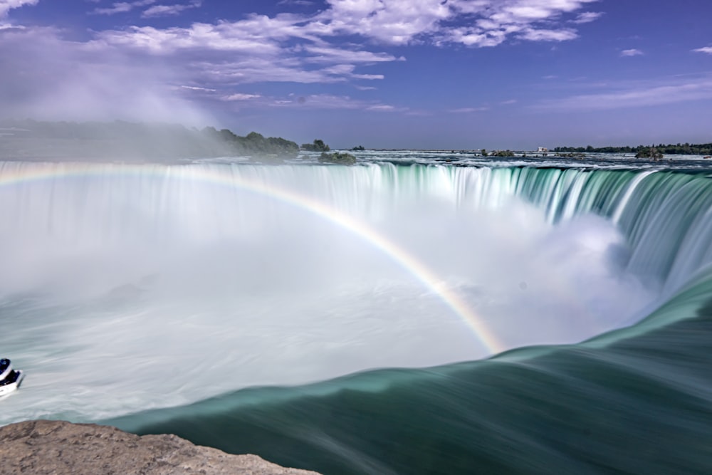 a large waterfall with a rainbow