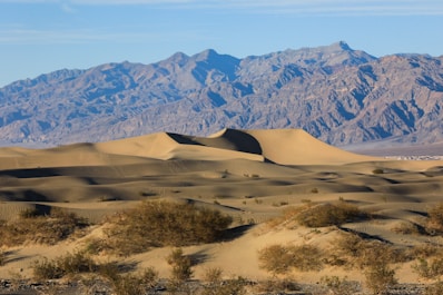 a desert landscape with mountains in the background with Great Sand Dunes National Park and Preserve in the background