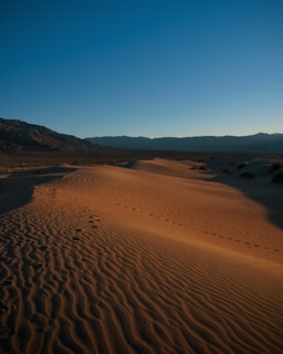 Close-up of sandboarders' feet carving through soft sand dunes at sunset.