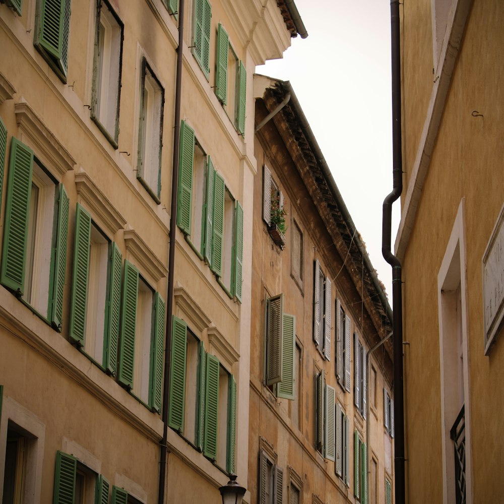 a row of buildings with green shutters