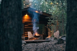 A cozy wooden cabin in a forest setting, illuminated by warm lights. It features a deck with a fire pit emanating smoke and a couple of chairs. Surrounded by lush green trees, the environment is serene and inviting.
