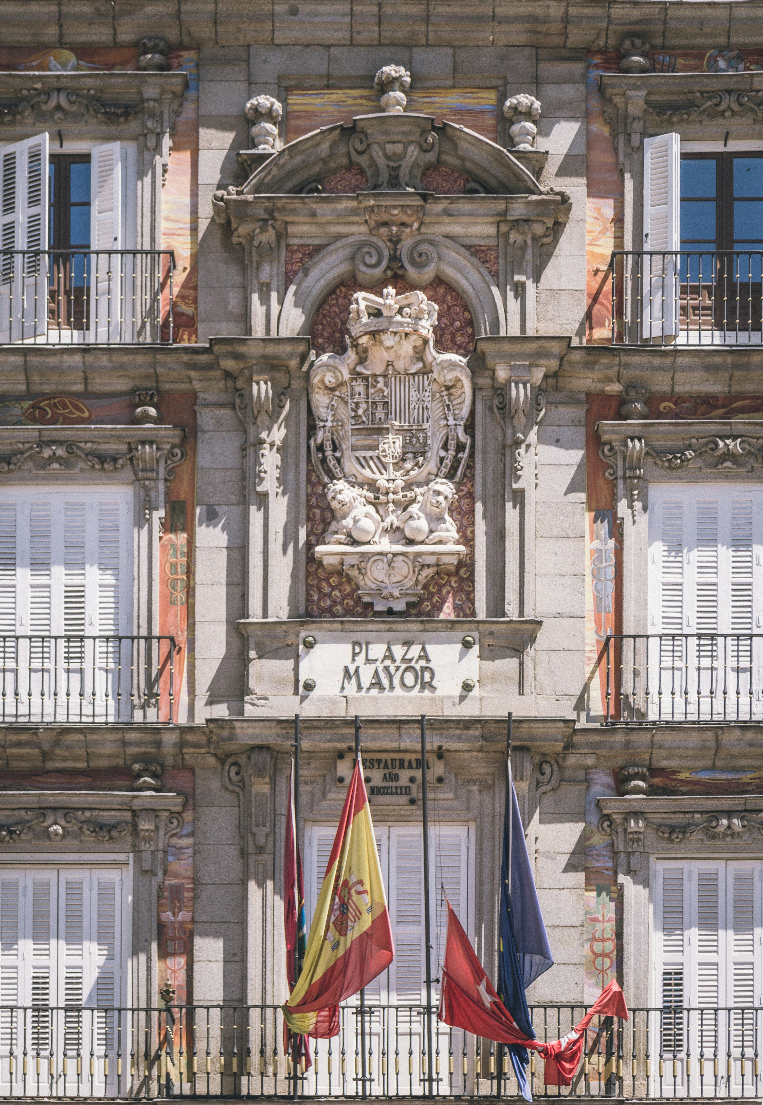 Close up of the Spanish Coat of Arms at Plaza Mayor in Madrid