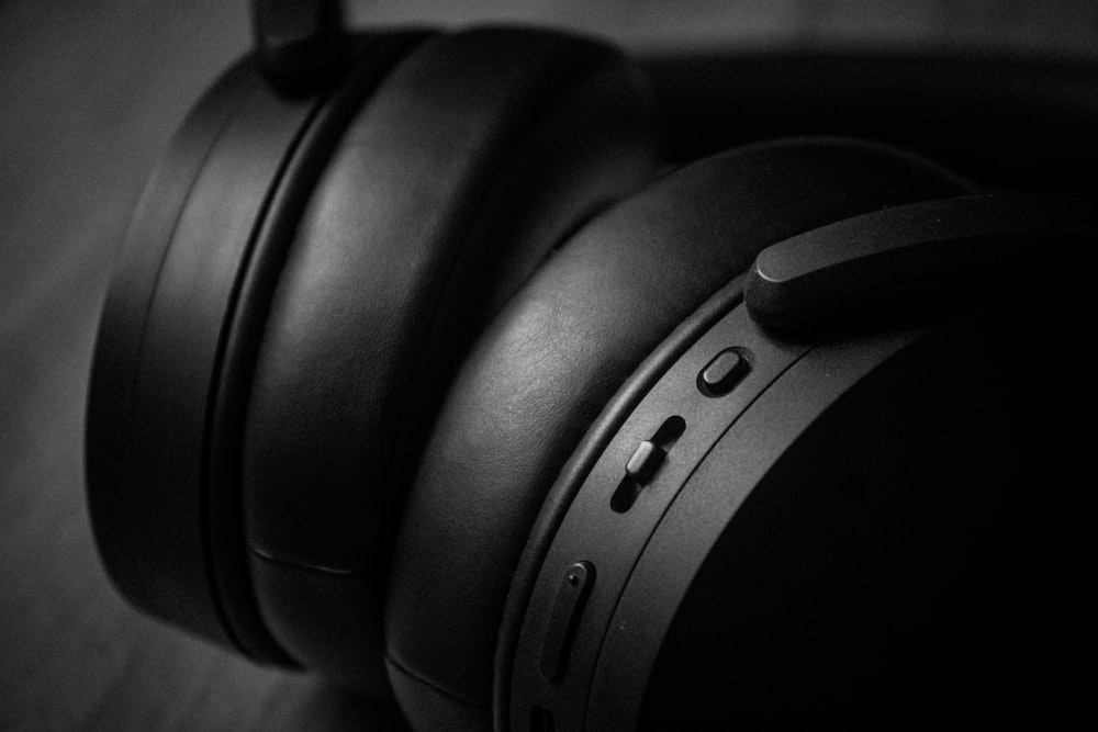 a close up of a black headphones