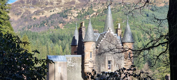 The gothic towers of Křivoklát Castle surrounded by lush green forest.