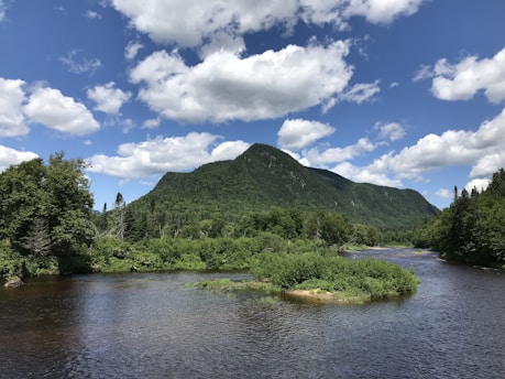 A serene landscape featuring a tranquil river surrounded by lush greenery and distant mountains.