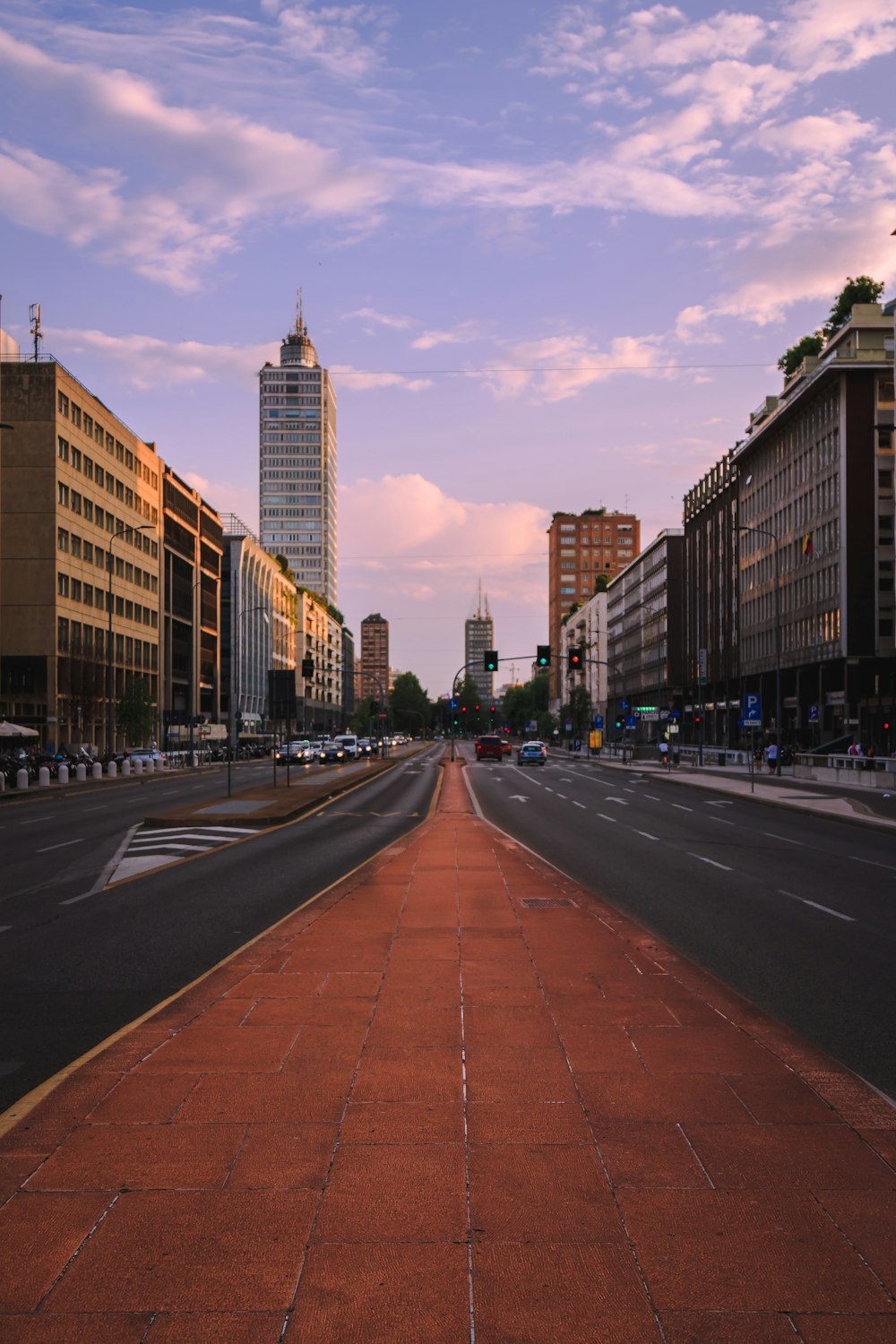 a city street with tall buildings
