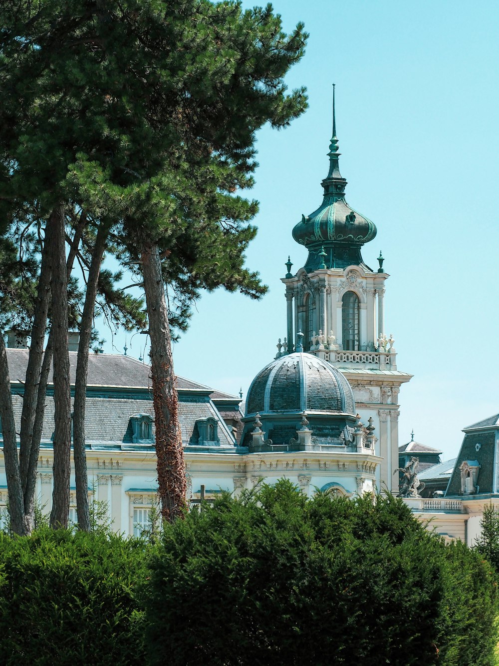 a building with a dome and trees in front of it