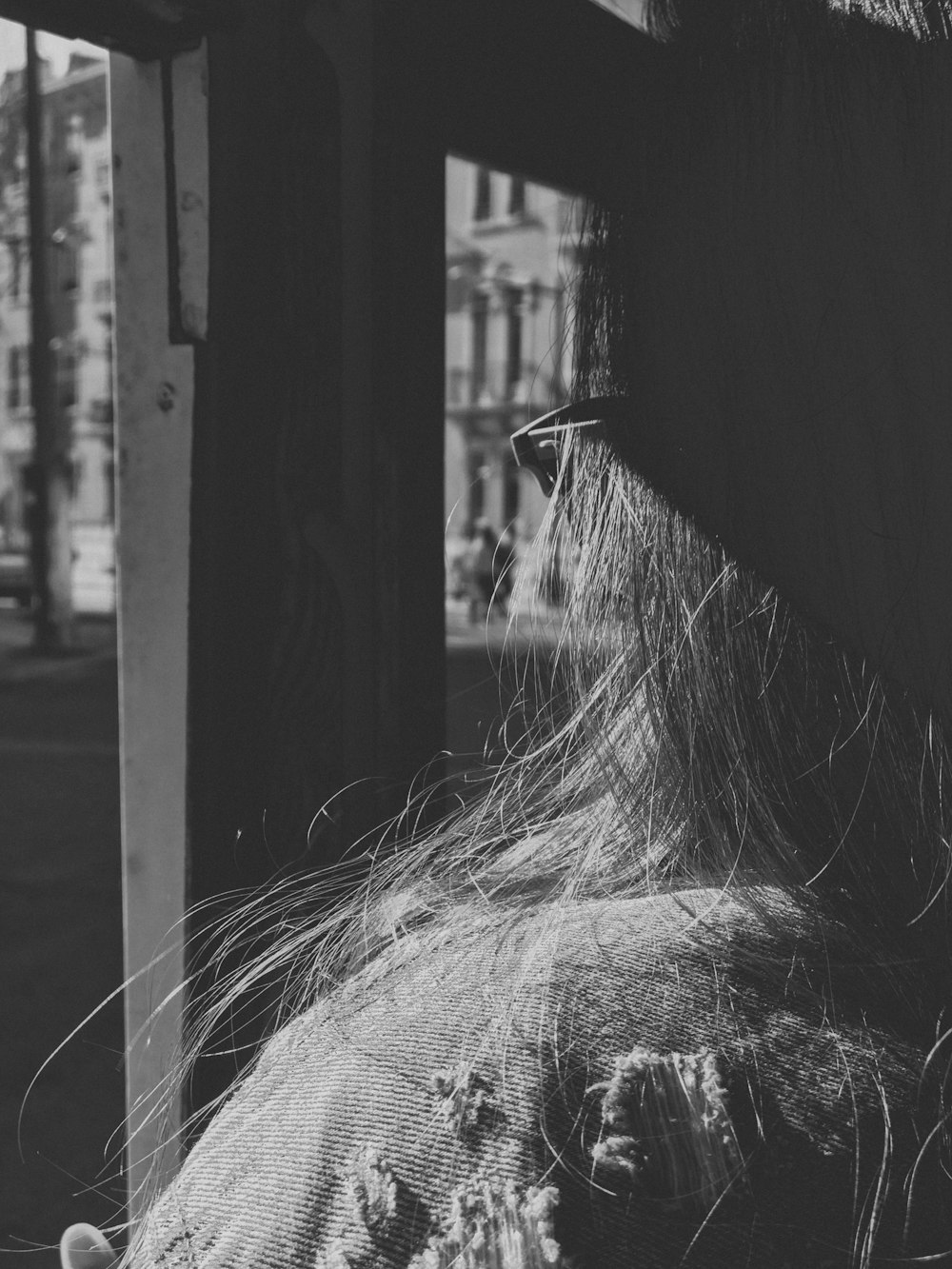 a bird looking through a window