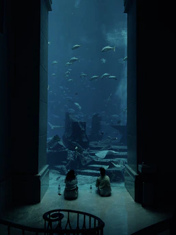 A large aquarium with an underwater scene featuring various fish swimming above ancient ruins. Two people are seated on the floor, gazing at the aquatic life, with water bottles placed beside them. The setting is framed by a dark entrance, creating a tunnel-like effect leading to the blue-lit underwater vista.