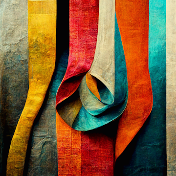 A collection of textured, multicolored fabric strips arranged vertically. The fabrics display a range of colors including yellow, red, turquoise, orange, and beige with visible woven patterns. The strips are artistically draped and layered, creating an abstract and dynamic composition.