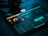 A tablet screen displays a music production software interface with various controls like dials, sliders, and waveform visuals. The background is dark, with illuminated elements in yellow and teal hues. Nearby, a pair of headphones lies on a flat surface.