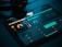 A tablet screen displays a music production software interface with various controls like dials, sliders, and waveform visuals. The background is dark, with illuminated elements in yellow and teal hues. Nearby, a pair of headphones lies on a flat surface.