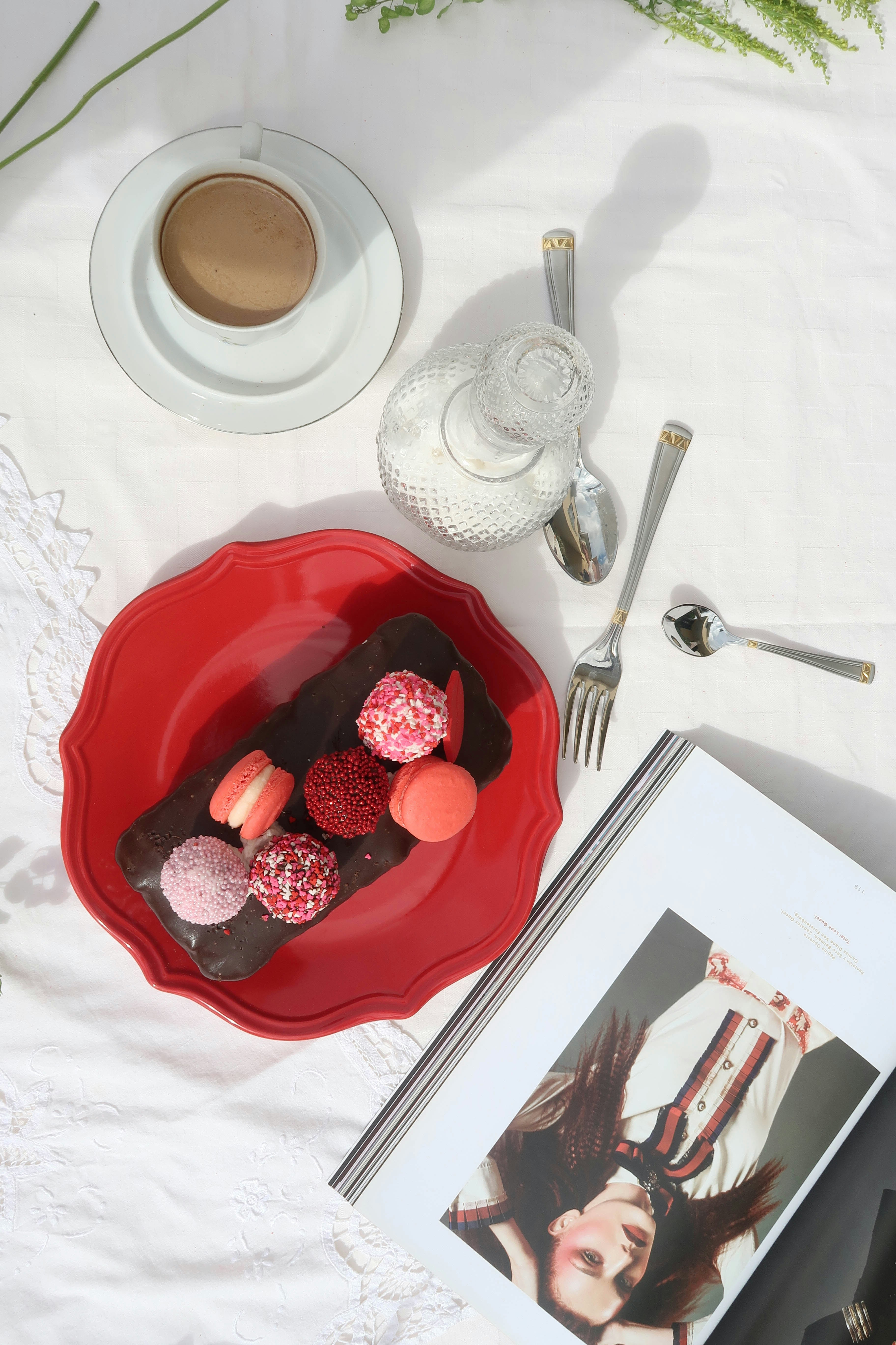 a tray of food and a cup of coffee