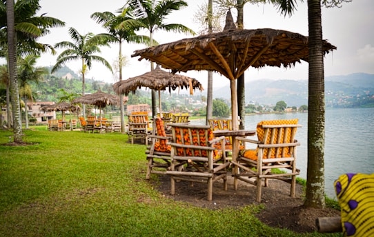 A scenic outdoor setting featuring several wooden tables and chairs under thatched umbrellas. The chairs have vibrant orange and yellow patterned cushions. Tall palm trees are scattered throughout the grassy area, and a tranquil lake with hills in the background completes the landscape.