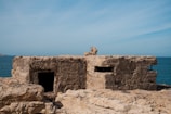 A weathered, stone bunker sits on a rocky surface overlooking the ocean. The structure appears old, with rough, eroded walls and small, barred windows. The sea is calm, with a clear blue sky above.