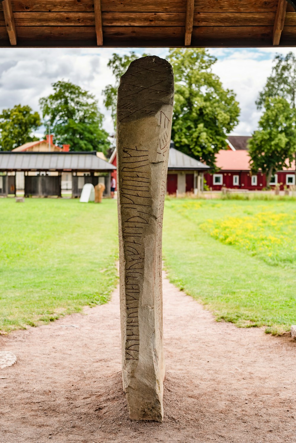 a tree trunk with a building in the background