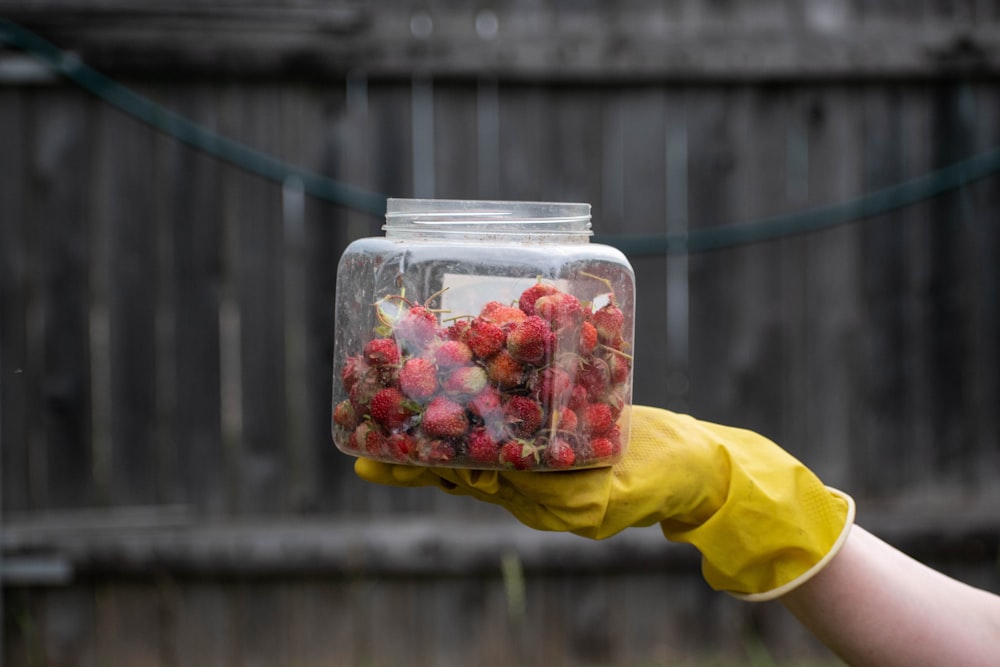 a person holding a plastic bag of strawberries