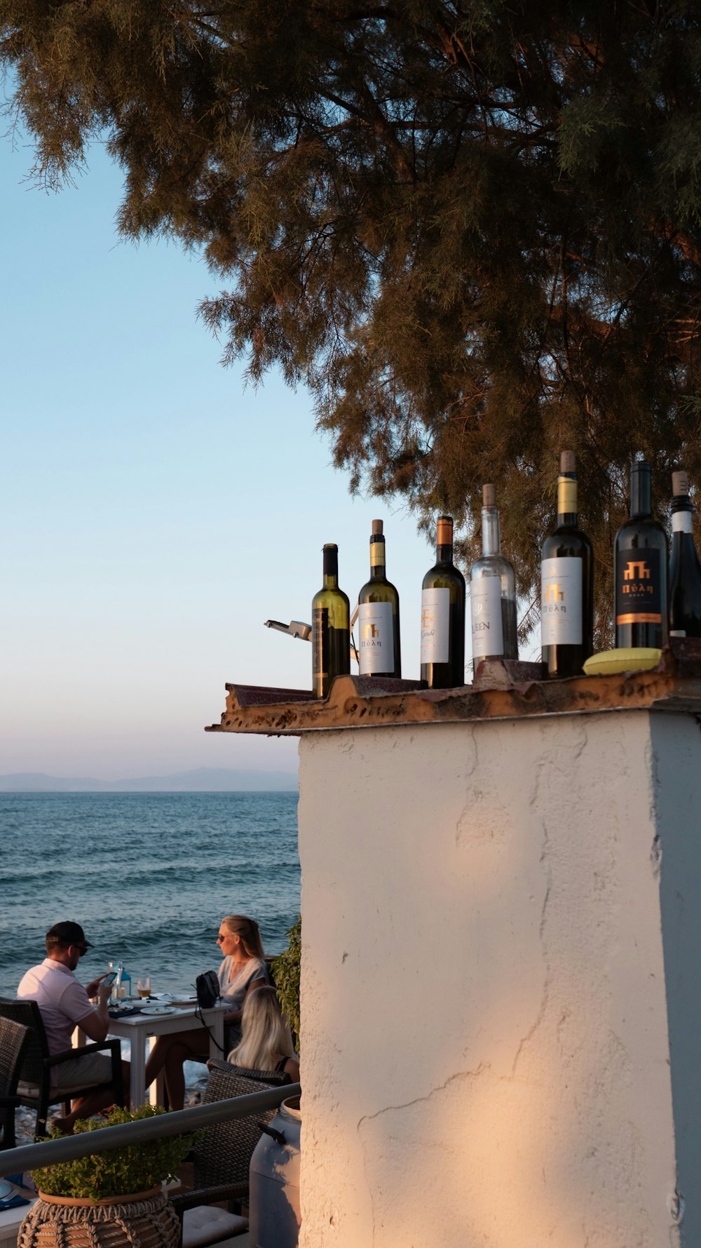 um grupo de pessoas sentadas em uma mesa com garrafas de vinho sobre ela