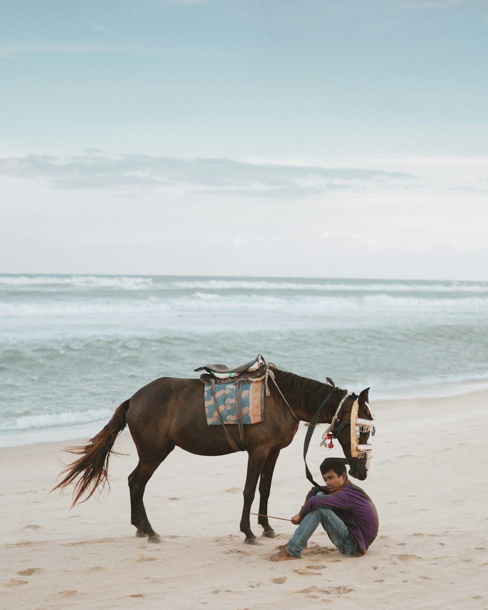a person kneeling next to a horse on a beach