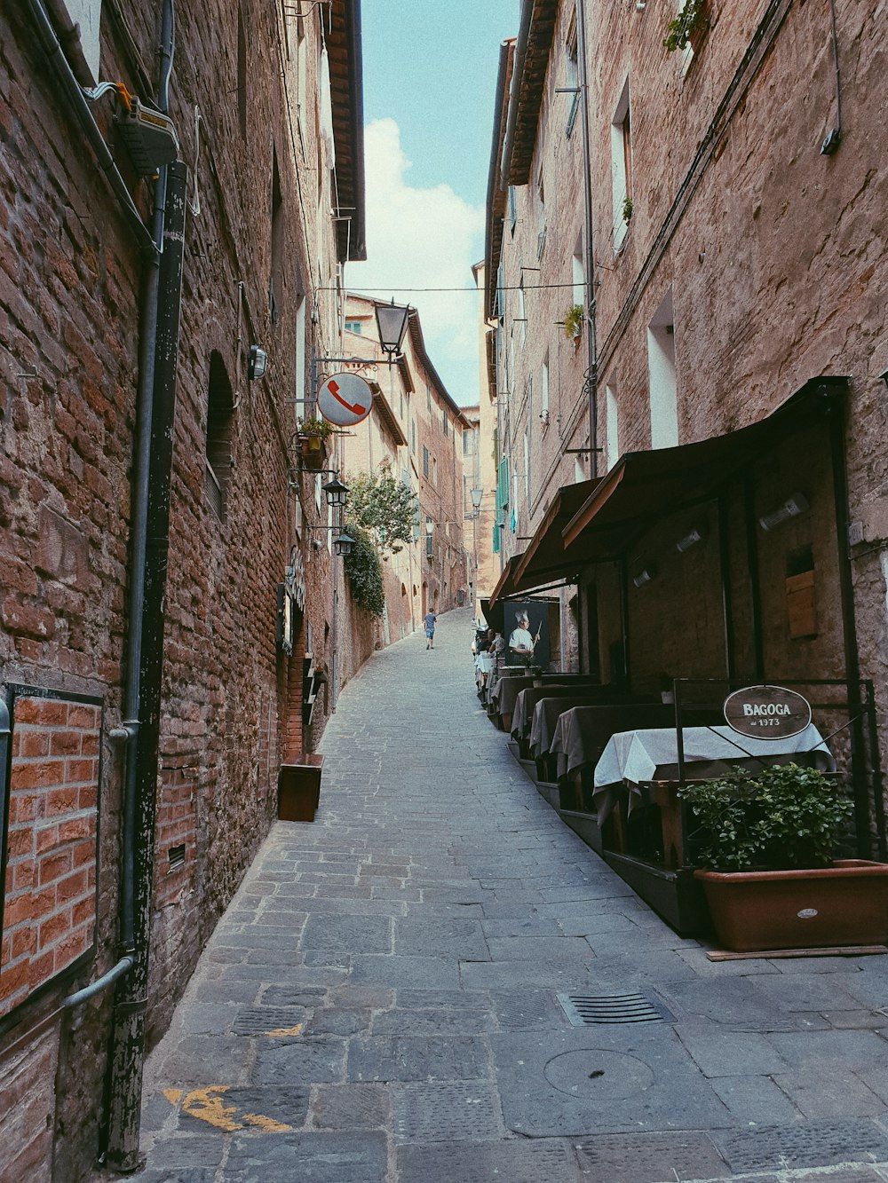 a street with brick buildings