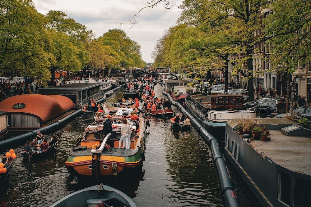 a group of boats are parked on the side of a river