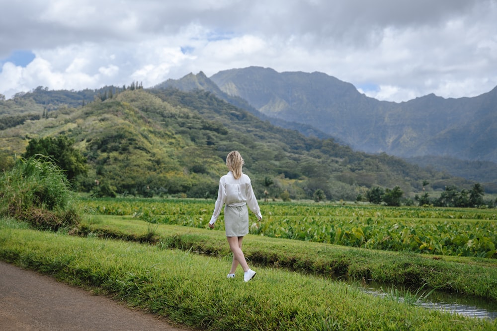 a person walking on a path in a grassy area with mountains in the background