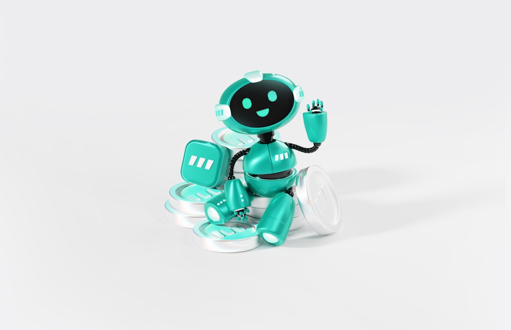 a toy robot with a blue background