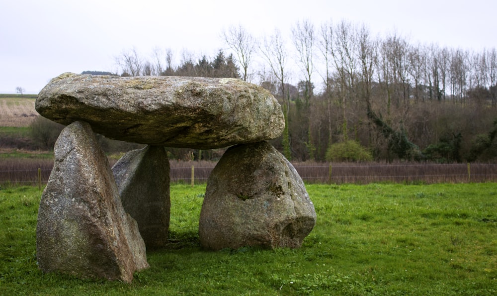 a group of large rocks in a grassy field