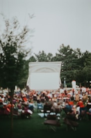 An outdoor setting with a large group of people seated in chairs facing a blank screen, suggesting a community event or outdoor movie night. Trees are visible in the background, and the overall scene is slightly blurred, conveying a relaxed atmosphere.